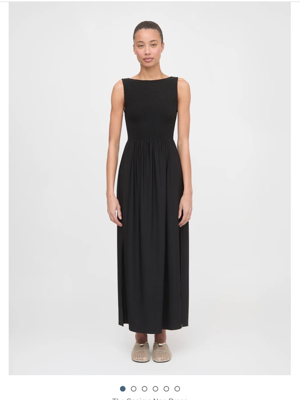 Hill House Cosmos Nap Dress. Black Jersey Smocked Maxi Dress